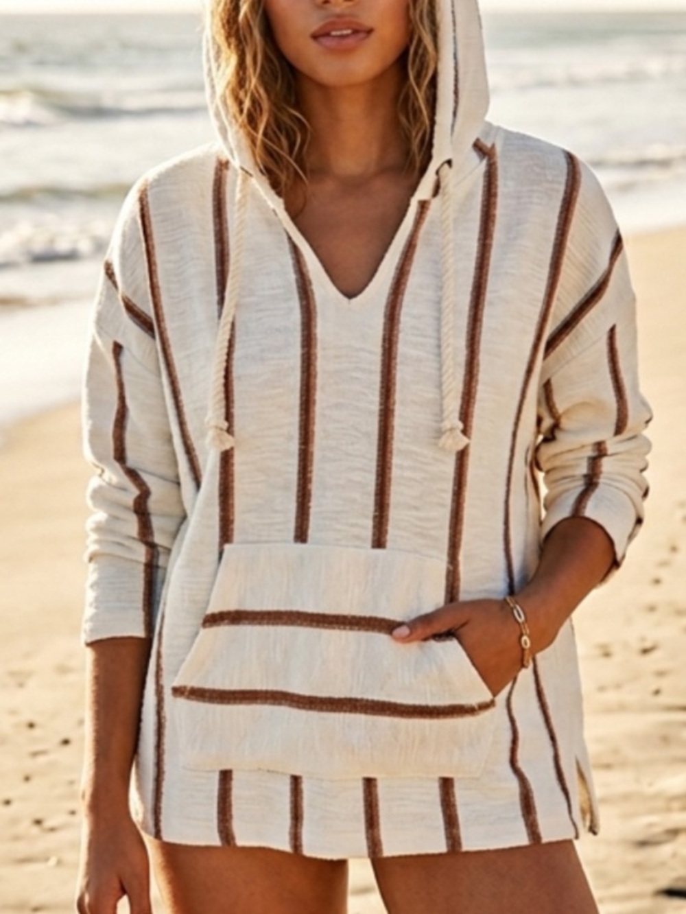 Ocean Drive Sz S Baja Pullover Hoodie Striped Surfer Beach Boho Knit Top